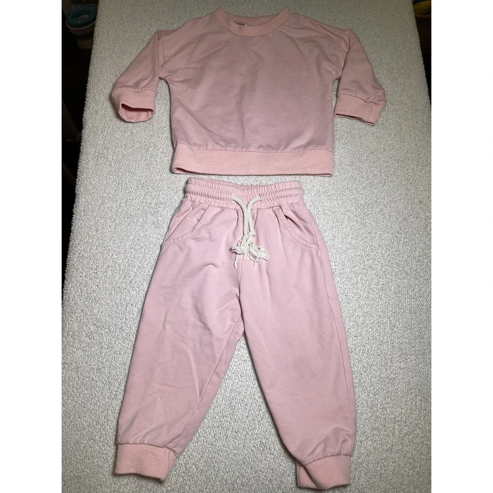 Abby And Evie Girls Pink Toddler Baby Set Sz 12 Months Crew Neck Top & Pants EUC